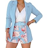 CHICME Womens 2 Piece Blazer Set Open Front Blazer Coat with Floral Print Shorts Summer Suits Set With Belt