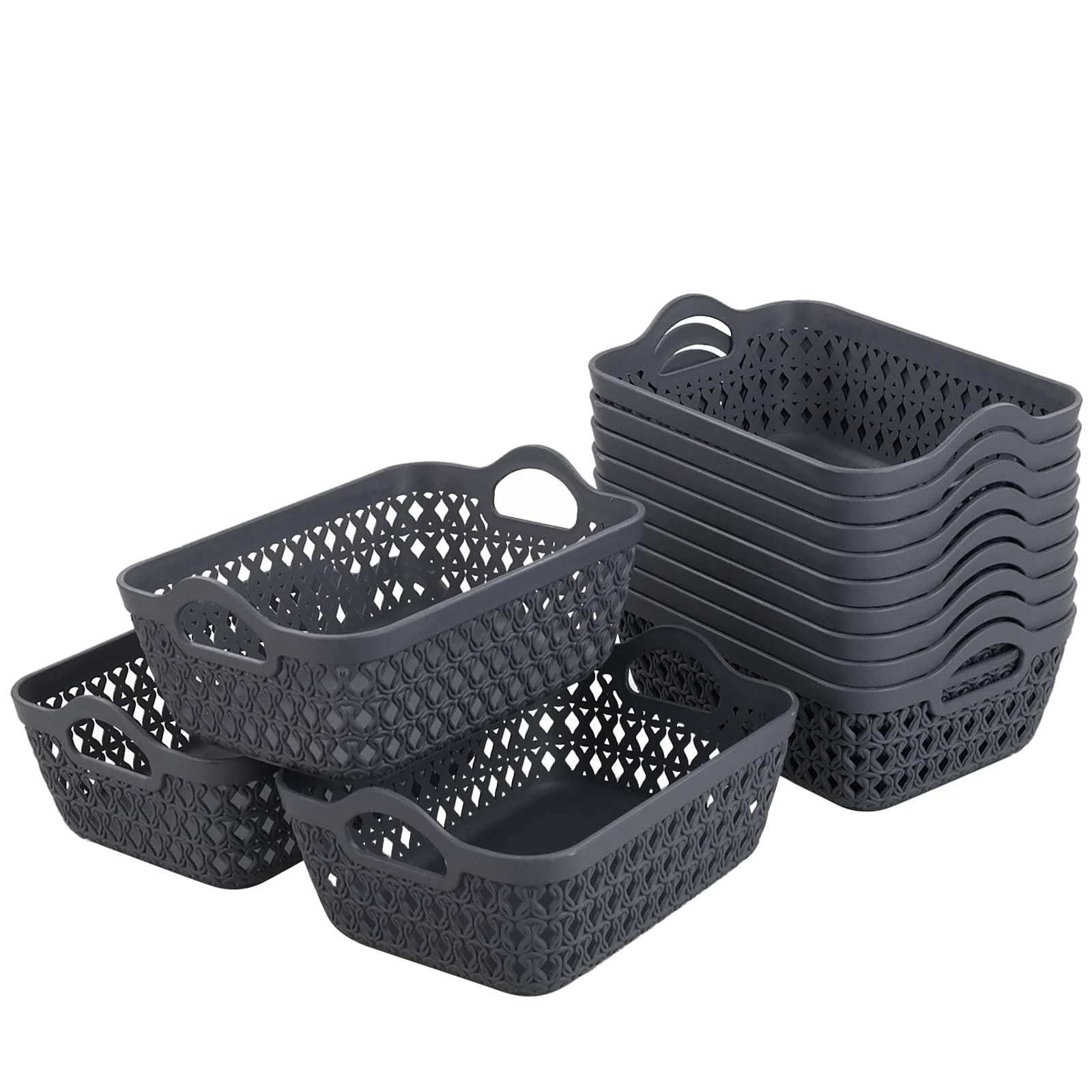Readsky Small Deep Grey Plastic Storage Baskets with Handles Desktop Organizer, Pack of 12