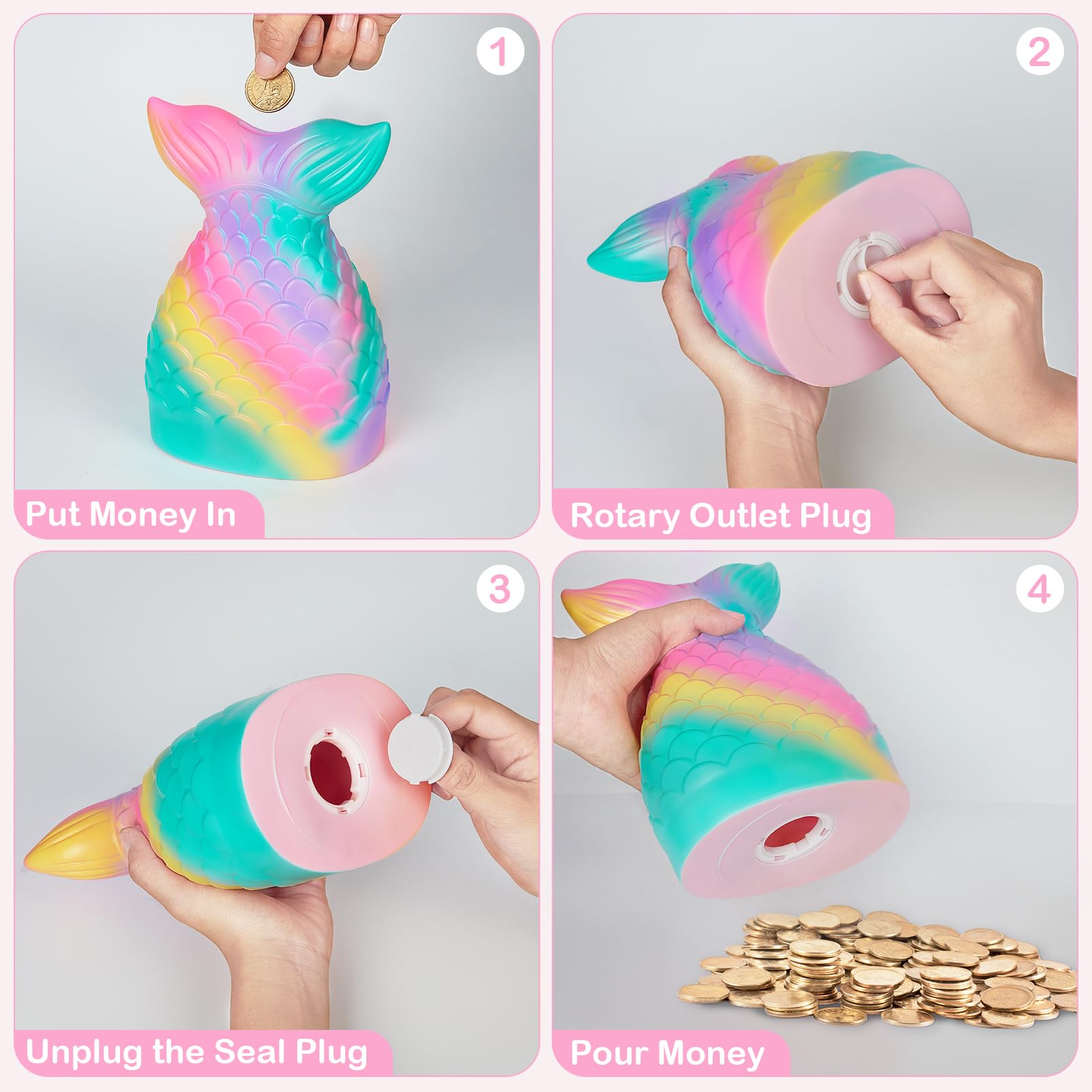 MHJY Piggy Bank Unbreakable Coin Bank Mermaid Money Bank with DIY Stickers Home Decor Birthday Easter, Rainbow