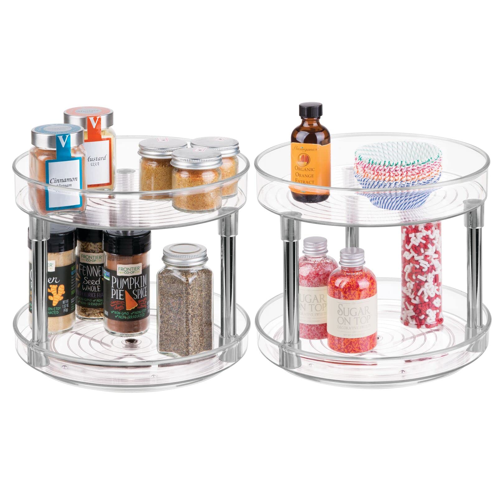 mDesign Lazy Susan Spice Rack – 2-Tier Kitchen Storage Unit with Rotatable Shelving Made of Plastic – Perfect for Use as Condiment Holder, Spice Rack and More – Set of 2 – Clear/Silver