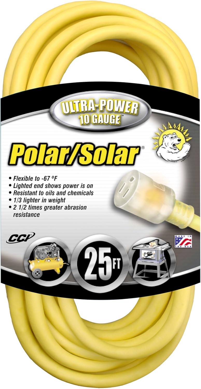 Polar/Solar 1787 10/3 15-Amp SJEO Outdoor Extension Cord with Lighted End, 25-Foot