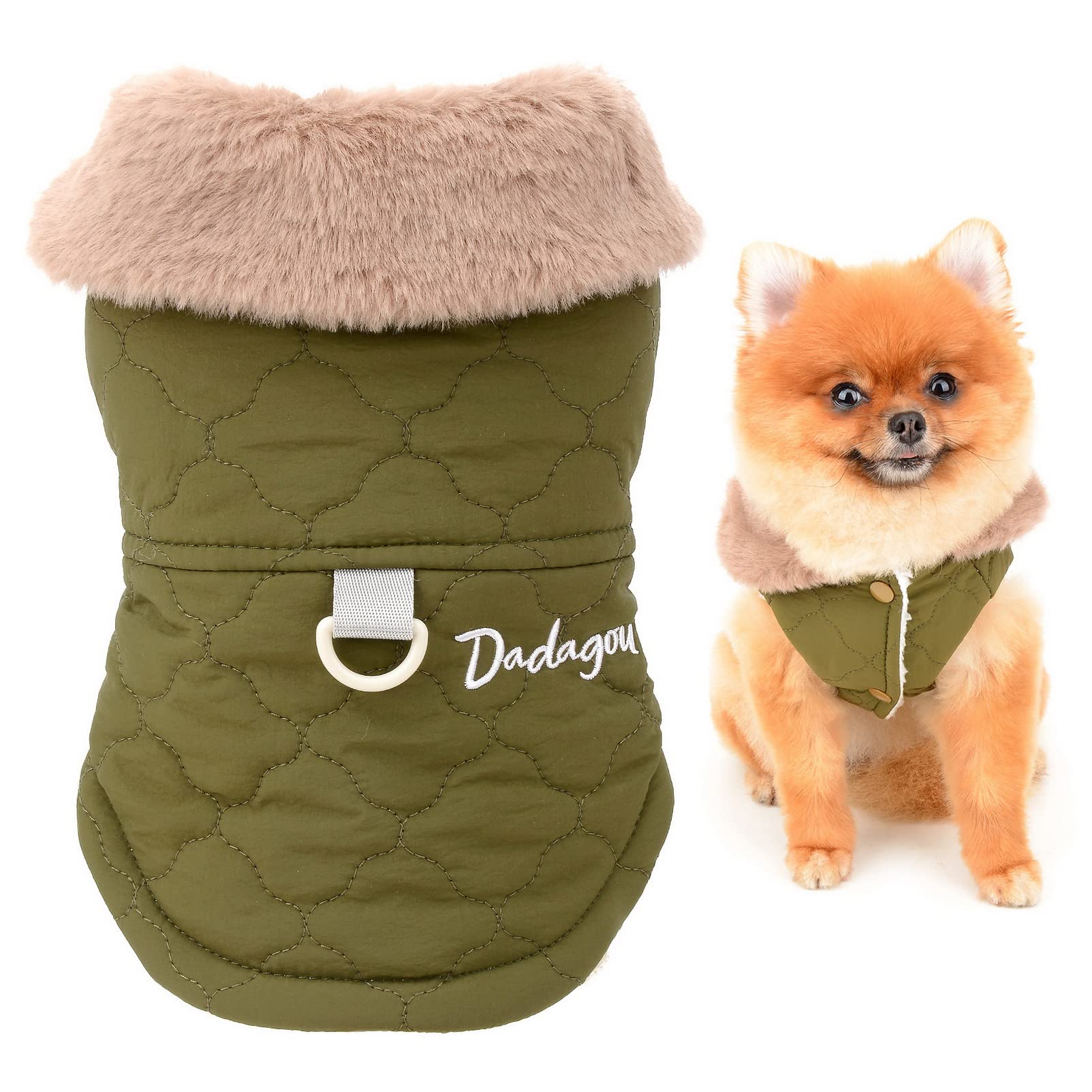 SMALLLEE_LUCKY_STORE Pet Furry Collar Quilted Jacket Winter Coat Vest with D-ring for Small Medium Dog Cat Sherpa Fleece Lined Puppy Chihuahua Yorkie Warm Cold Weather Clothes,Green,M
