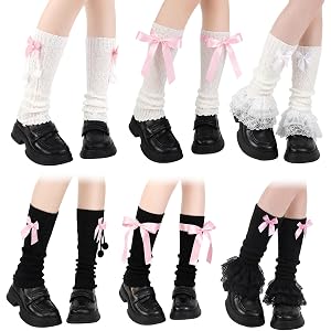 Mabylegant 6 Pairs Kawaii Leg Warmers for Girls Women Harajuku Cute Winter Leg Warmers with Bow Lolita Gyaru Japanese Socks D