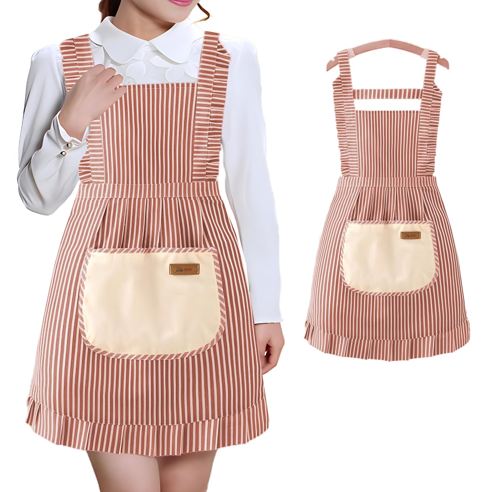 JYJLLM Floral Aprons for Women - Flower Aprons for Cooking & Gardening, Easy Clean (Red Stripes)