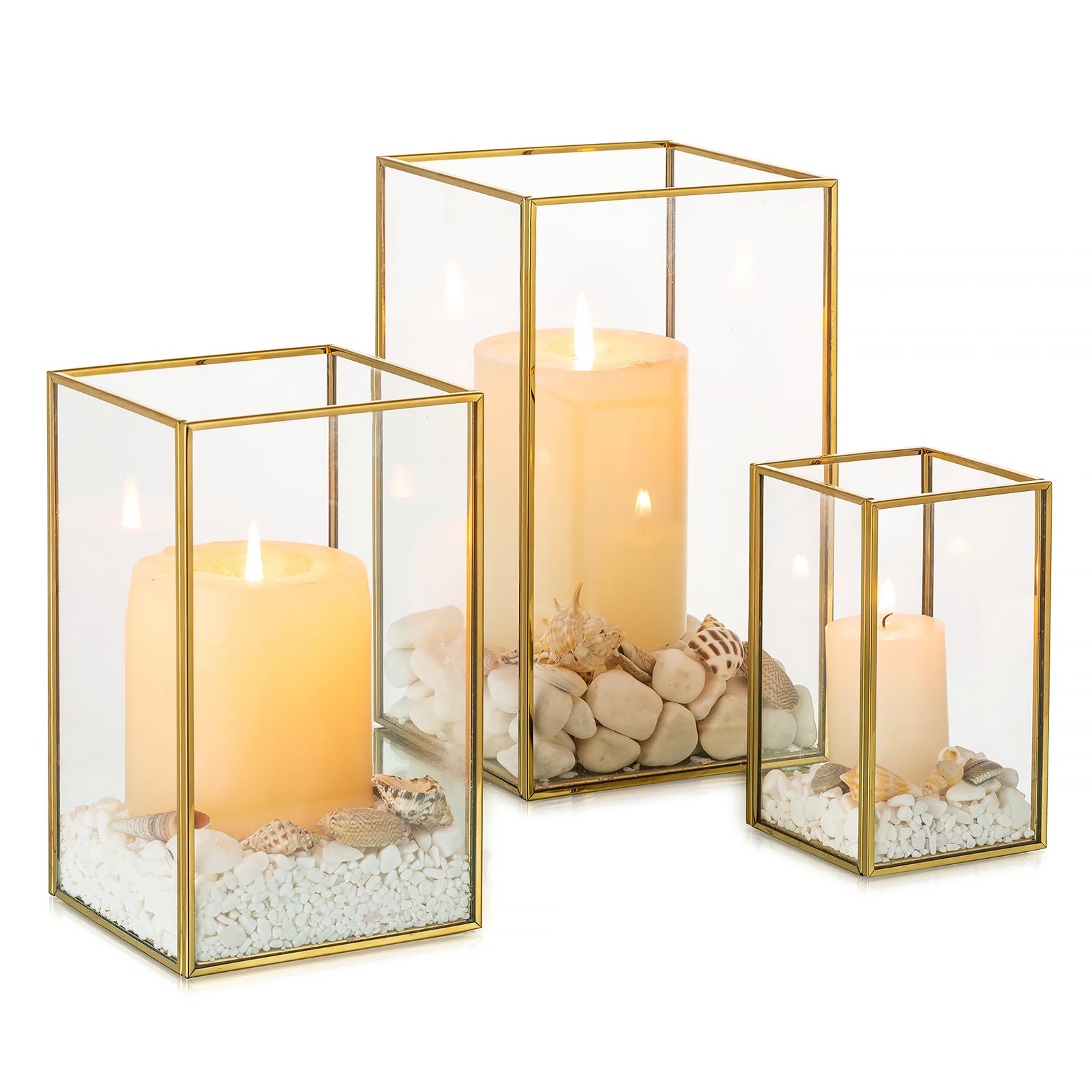 NUPTIO Hurricane Candle Holders Glass - 3 Pcs Gold Lantern Tempered Glass Chimney for Candles Set Outdoor Square Decorative for Wedding Christmas Halloween Ornaments Living Room Tabletop Fireplace
