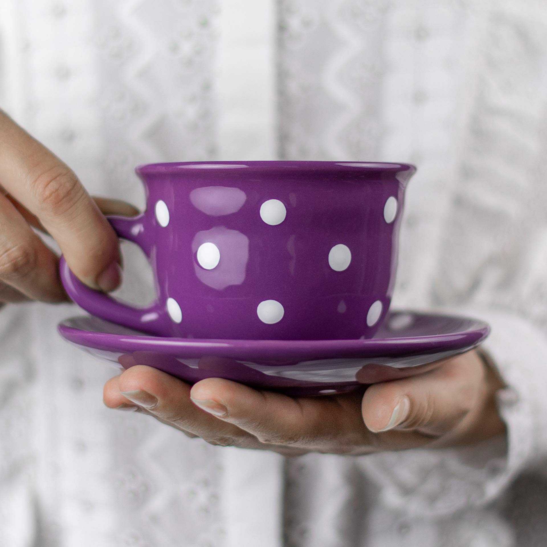 City to Cottage® Purple and White | Polka Dot Spotty | Designer Handmade Hand Painted | Unique Ceramic 8.4oz/250ml | Cappuccino Coffee Tea Cup with Saucer | Gift