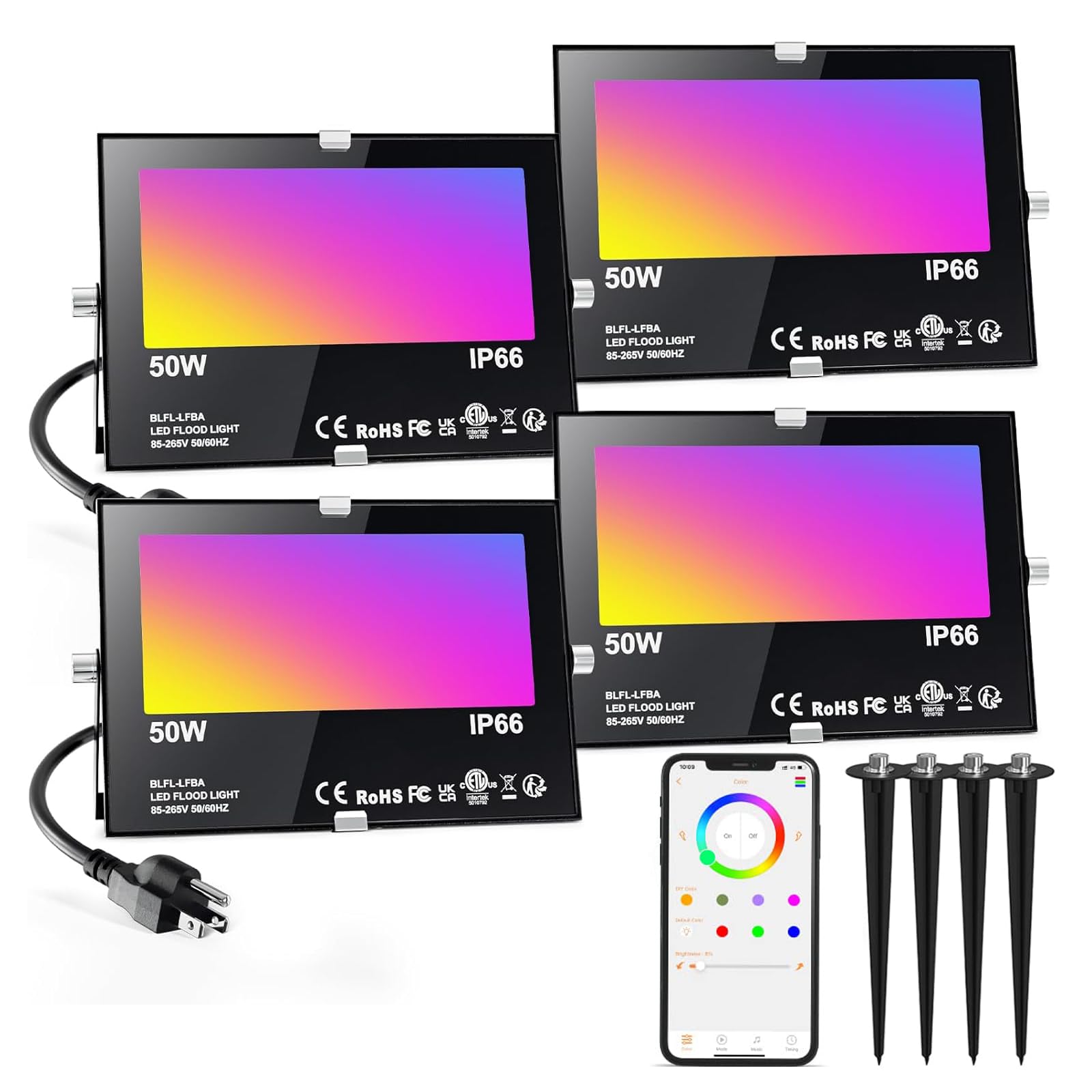 Photo 1 of LED Flood Light Outdoor 500W Equivalent 5000LM,Bluetooth RGBW Colored Floodlight Landscape Lighting with APP Control,DIY Scenes,Timing, IP66 Waterproof,2700K,Color Changing Uplight with Ground Stakes