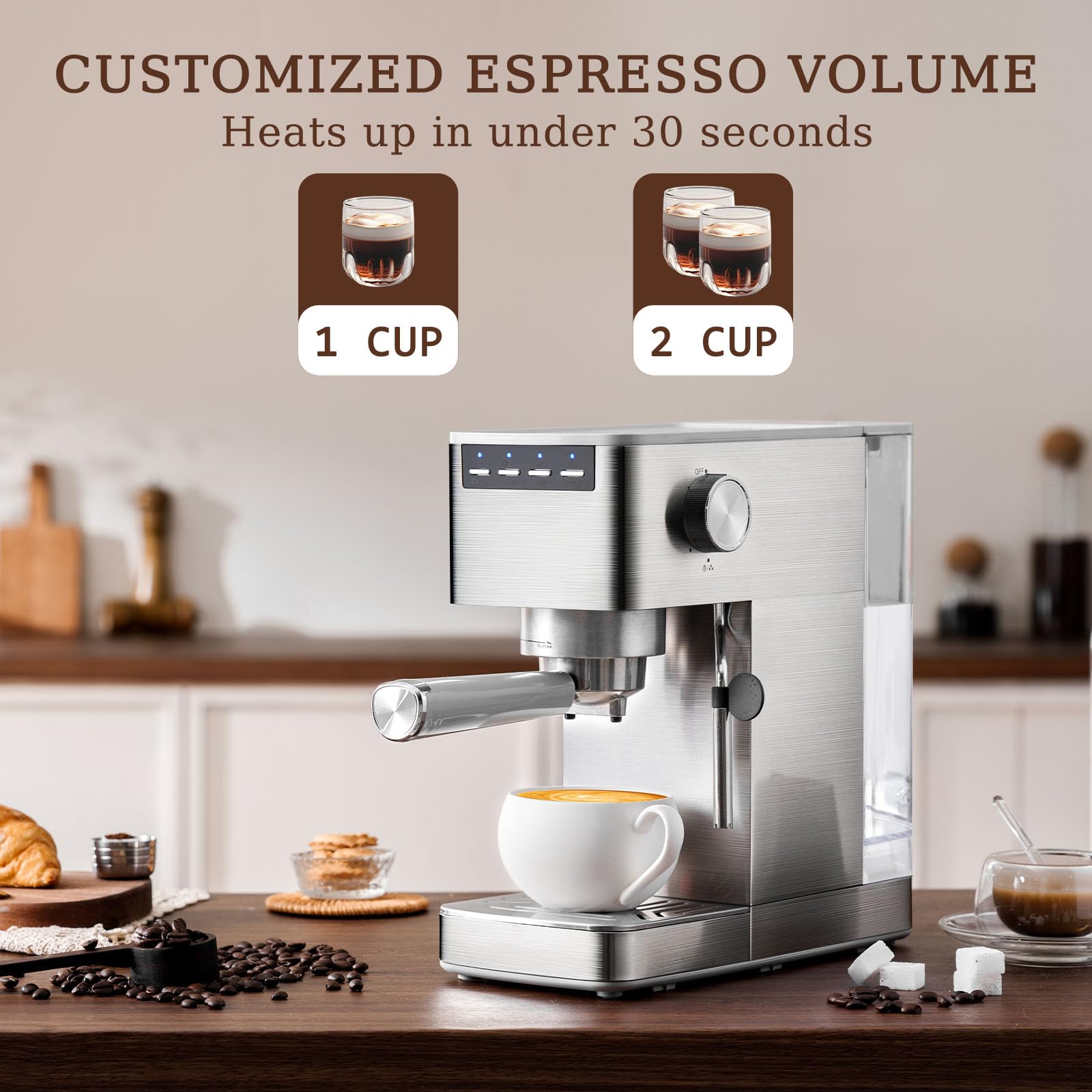 Espresso Machine with Milk Frother, Stainless Steel Espresso Maker, Cappuccino Latte Machine with 41oz Removable Water Tank, Cup Warmer, Easy to Clean Coffee Machine for Home Apartment