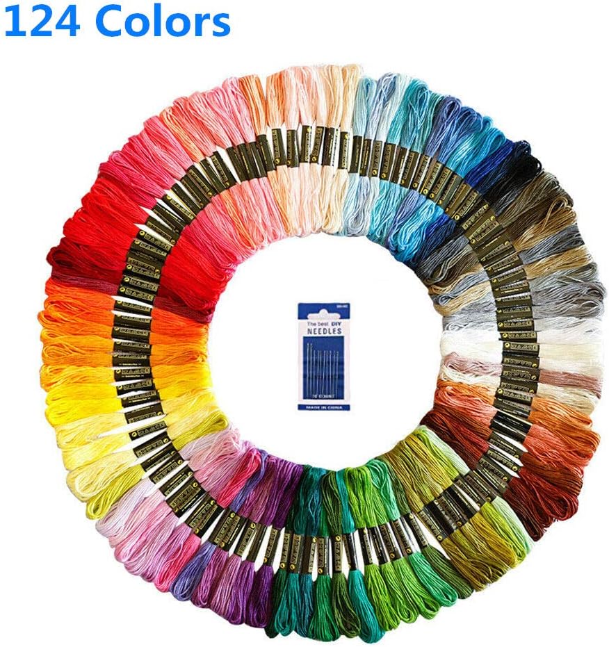 124 Skeins Embroidery Thread Colors Cross Stitch Cotton Embroidery Floss Sewing Kits with 10 Pieces Needles for Beginners Adults for Knitting Cross Stitch Project Bracelets Making, Random Color (A)