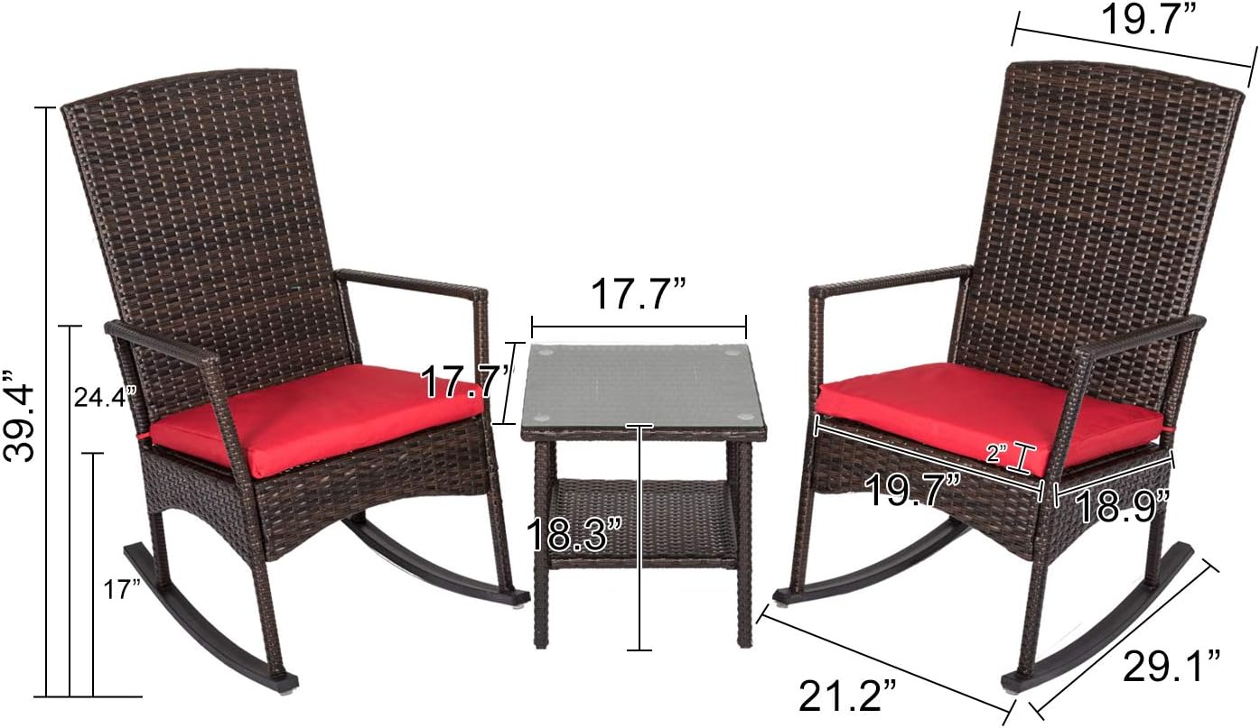 kinbor 3PCS Outdoor Rattan Rocker Chair Side Tea Table Set, Garden Rocking Wicker Lounge w/Red Cushion: Kitchen & Dining