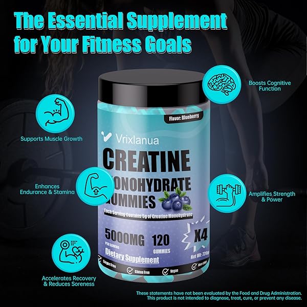 CREATINE MONOHYDRATE GUMMIES FOR MEN & WOMEN – 5G PURE CREATINE MONOHYDRATE FOR ENHANCED MUSCLE GROWTH, STRENGTH – VEGAN, SUGAR-FREE, LOW-CALORIE – BLUEBERRY FLAVOR – 120 COUNT (BLUEBERRY)