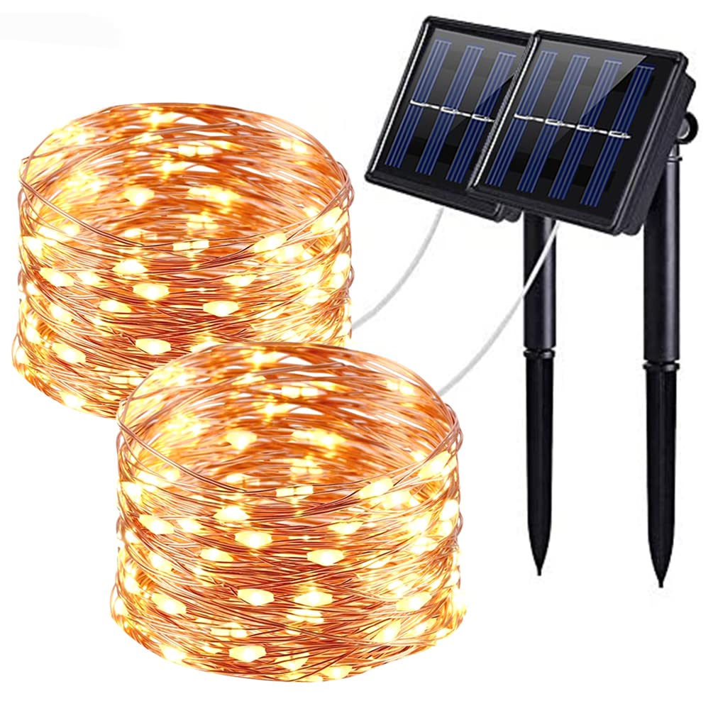 Solar Fairy Lights Outdoor, 2 Pack 100 LED 12M/33Ft Solar String Lights Garden Waterproof, 8 Modes Copper Wire Solar Lights for Garden Patio Yard Trees Christmas Wedding Party Decor (Warm white)