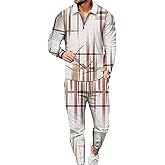 Kubsid Mens Tracksuit Set 2 Piece Long Sleeve Polo Shirt and Pants Jogging Sweatsuits Sets Casual Fashion Vacation Outfits Loungewear Mixed Color Grid Stripe Size L