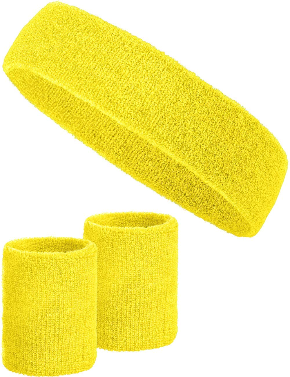 3-piece sweatband set with 2x sweatbands for wrists + 1x headband for women & men (yellow)