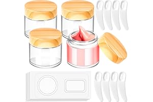 MotBach 4 Pack 2oz Glass Jars with Lids, 2ounce Small Glass Containers with Woodgrain Lids and Inner Liners, 60ml Round Clear Jars Travel Toiletries with Spatula for Makeup Cosmetic Salve Cream Lotion