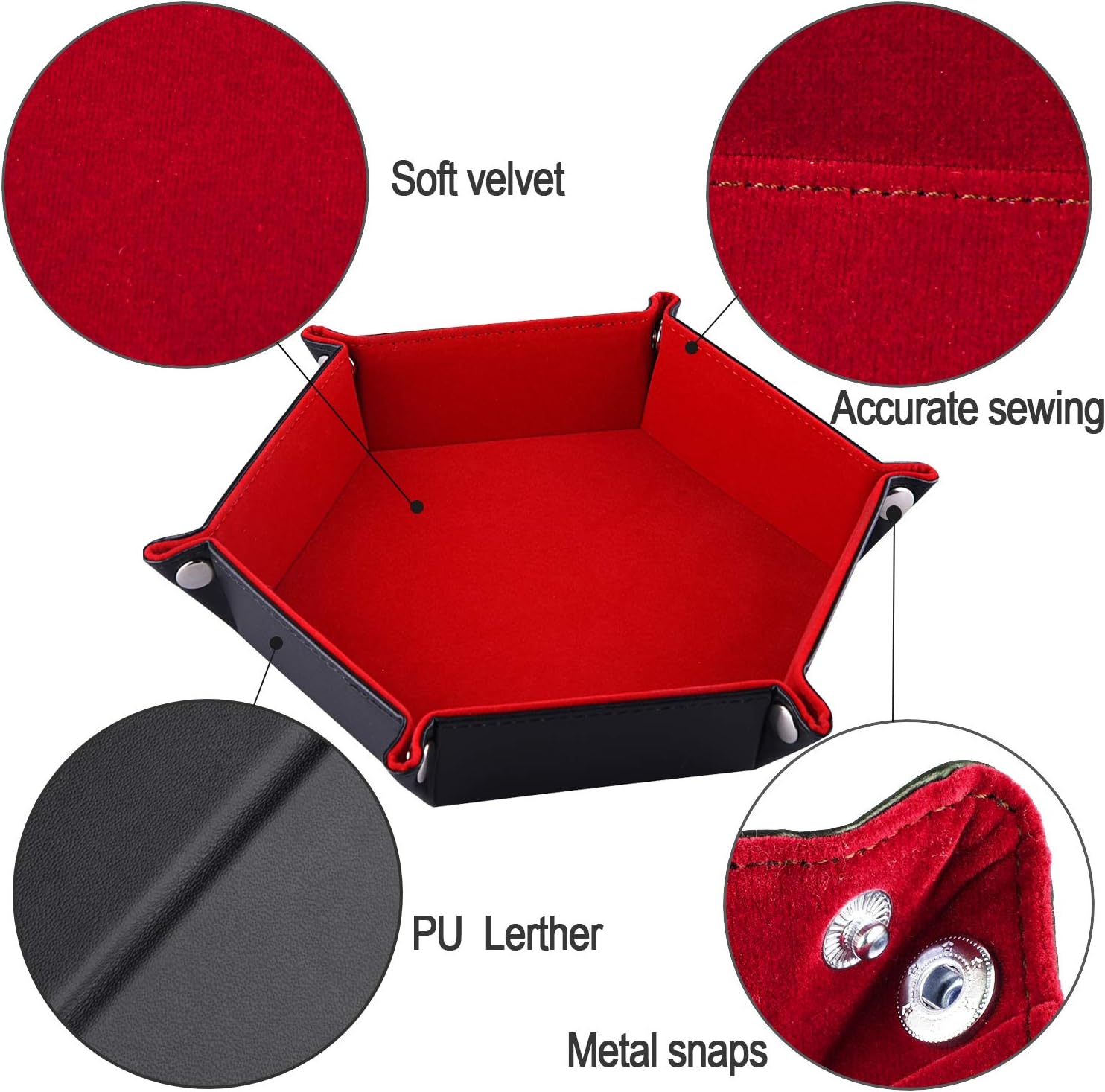 SIQUK Double Sided Dice Tray Folding Hexagonal PU Leather and Burgundy Velvet Dice Holder for Dungeons and Dragons RPG D&D Table Games - Image 3