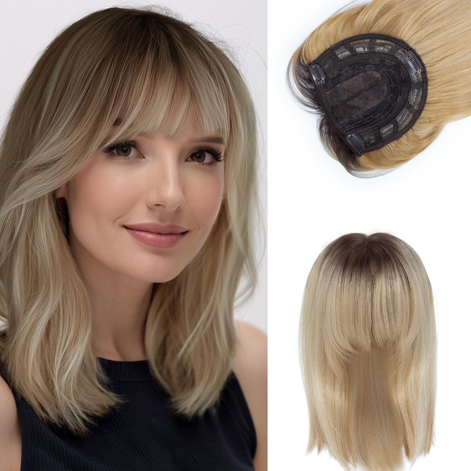 BUYOGET Balayage Blonde Hair Topper Clip in Hair Pieces for Woman Straight 14 Inch Clip in Toppers with Fringe for Thinning Hair