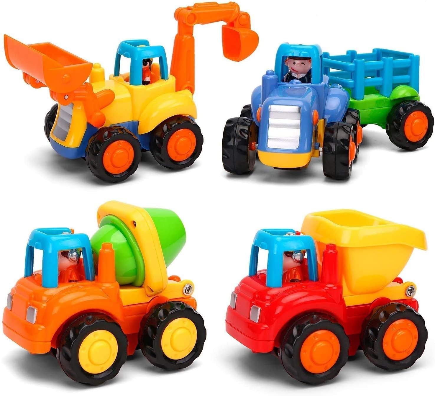 MOONTOY Baby Spielzeugauto Bagger Konstruktionsfahrzeuge Baufahrzeuge 4 in einem Set für Kinder, Traktor, Bulldozer, Kipper & Zementmischer