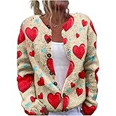 domirica Heart Print Cardigan Valentines Sweater for Women Cute Chunky Button Up Plus Size 2025 Spring Fashion Warm Blouses