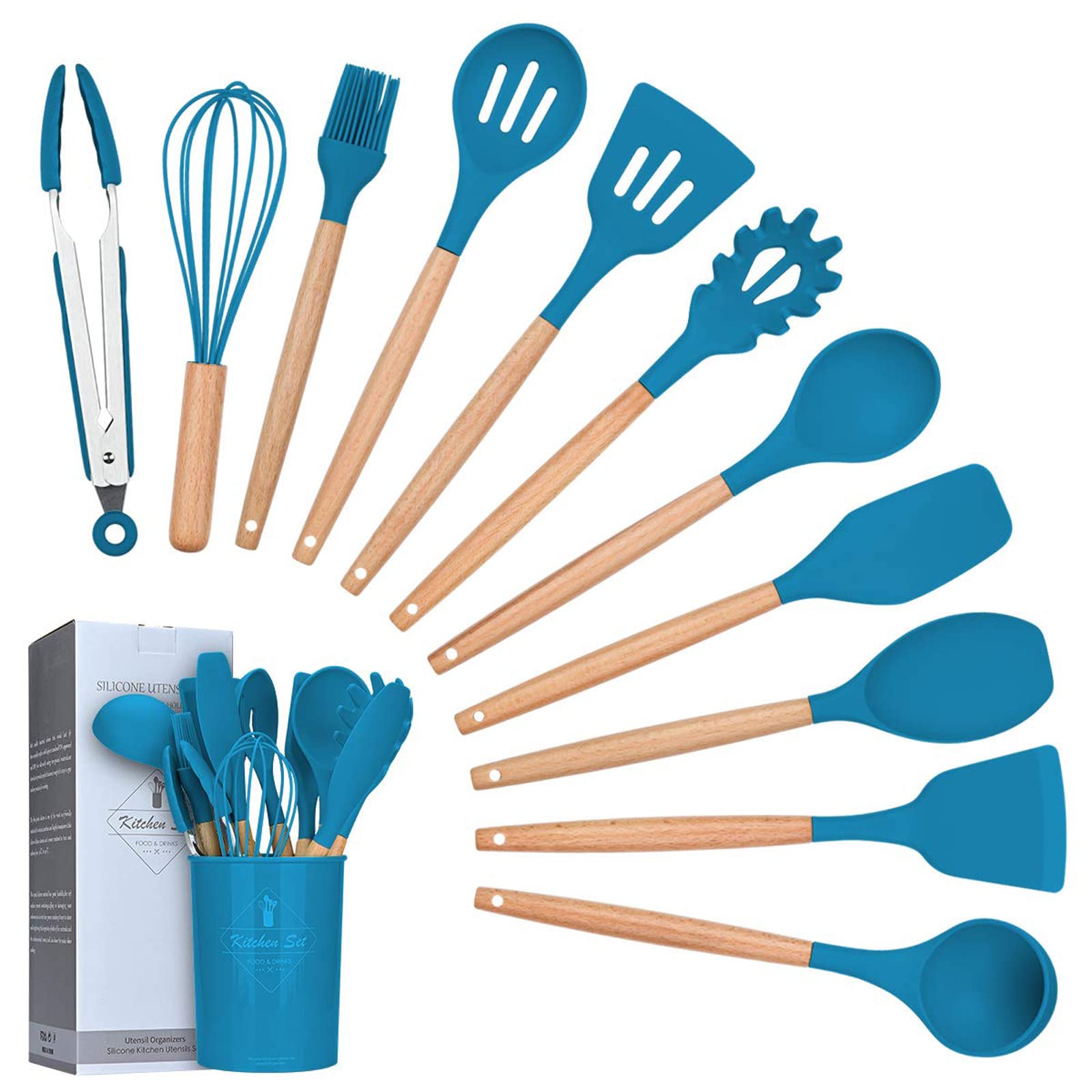 Lychee Kitchen Utensil Set Silicone Cooking Utensils - 12 Pieces Cooking Spatula Turner Heat Resistant Tools with Wooden Handle for Nonstick Non Scratch Cookware Kitchen Gadgets Set (Dark Blue)
