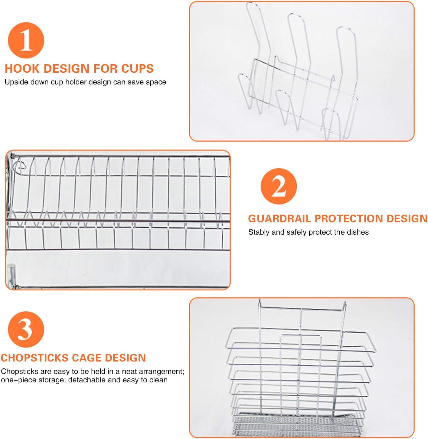 ARyee Two Tier Dish Drainer Rack Silver, Bowls Dishes Plates Cup Holder with Drip Tray, Metallic - Image 4