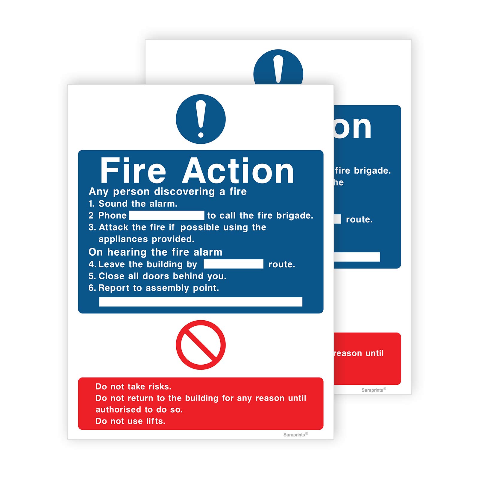 Pack of 2 Fire Action Sign Self Adhesive Vinyl Fire Sign 150mm x 200mm V1222