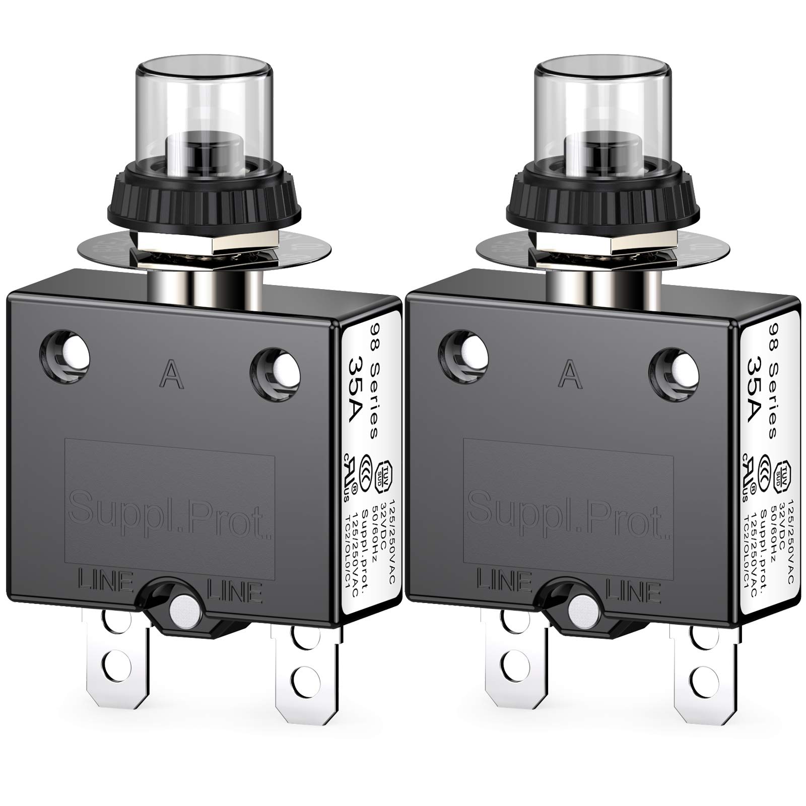 CLDIY Thermal Circuit Breaker 98 Series 35A 125/250VAC Push Button Reset for Circuit Breaker with Quick Connect Terminals and Waterproof Button Cover 32VDC Pack of 2