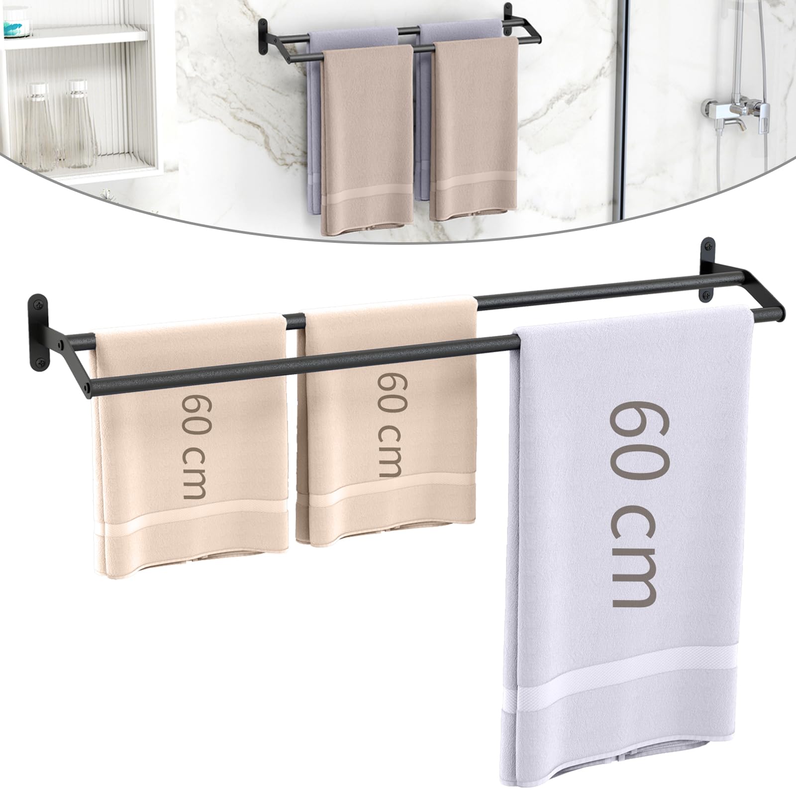 Gypie Towel Rail Matte Black 60 cm Bathroom Towel Rail Wall Mounted, Double Towel Rail, Metal Bath Towel Holder with Drilling, Waterproof Rust Shower Towel Holder