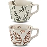 LINVIA Ceramic Coffee Mug, 12 oz Small Novelty Unique Teacup with Handle, Stoneware Cup for Tea Mocha Latte Cappuccino (Set of 2, Ivy and Leaf)