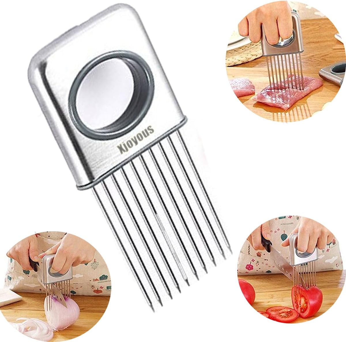 Onion Holder Vegetable Potato Cutter Slicer Gadget Stainless Steel Fork Slicing Odor Remover Kitchen Tool Aid Gadget Cutting Chopper (Stainless Steel)