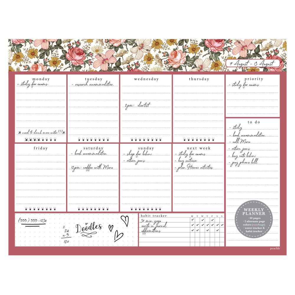 Undated Weekly Desk Planner Pad - 52 Pages Weekly Notepad with To Do List and Habit Tracker | Weekly Desk Pad Tear Off for Organization (Vintage Floral)