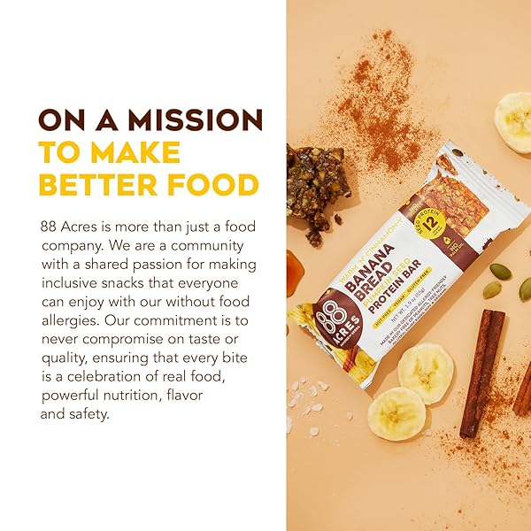 88 ACRES PUMPKIN SEED PROTEIN BARS, BANANA BREAD, 9 COUNT, 12G PLANT-BASED PROTEIN, GLUTEN FREE, NUT FREE, SCHOOL SAFE SNACK BAR, VEGAN, NON-GMO, INDIVIDUALLY WRAPPED