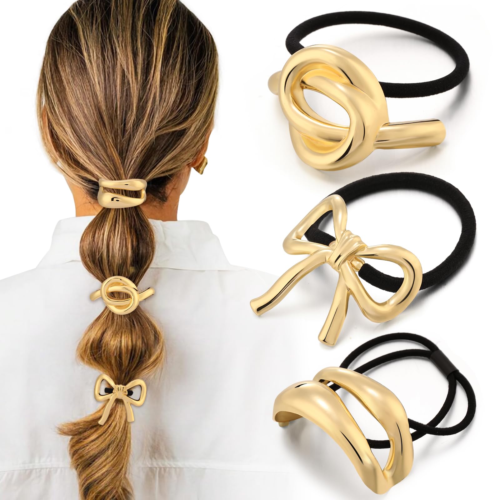 Photo 1 of 3PCS Gold Hair Ties for Women, Stretchy Metal Hair Ties for Thick Hair, Non-Damage Gold Ponytail Cuff Holders, Elegant Geometric Hair Accessories for Women, 3 Styles in Box Perfect Holiday Gift