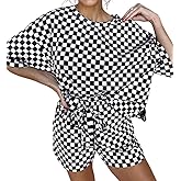 SELINK Womens 2 Piece Outfits Casual Checkered Top and Short 2pcs Set Plaid Short Sleeve Round Neck Daily Sweatsuit