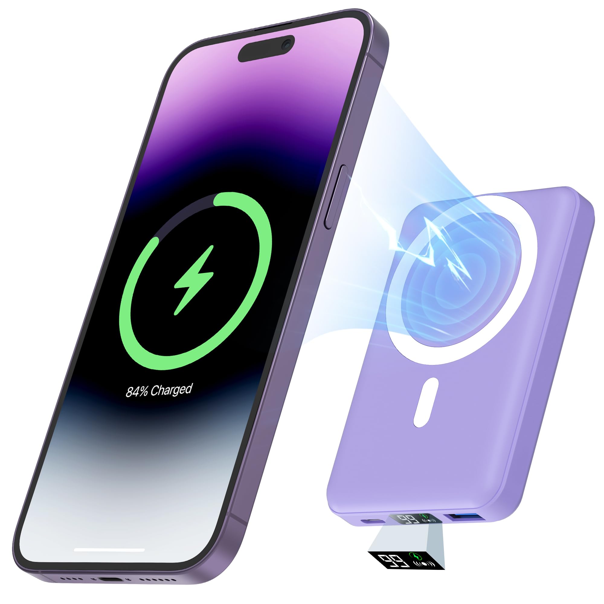 podoru for Magsafe Battery Pack, 10000mAh Magnetic Power Bank with Type-C Cable LED Display 22.5W PD Fast Charging Wireless Portable Charger for iPhone 16/15/14/13/12 Series-Purple