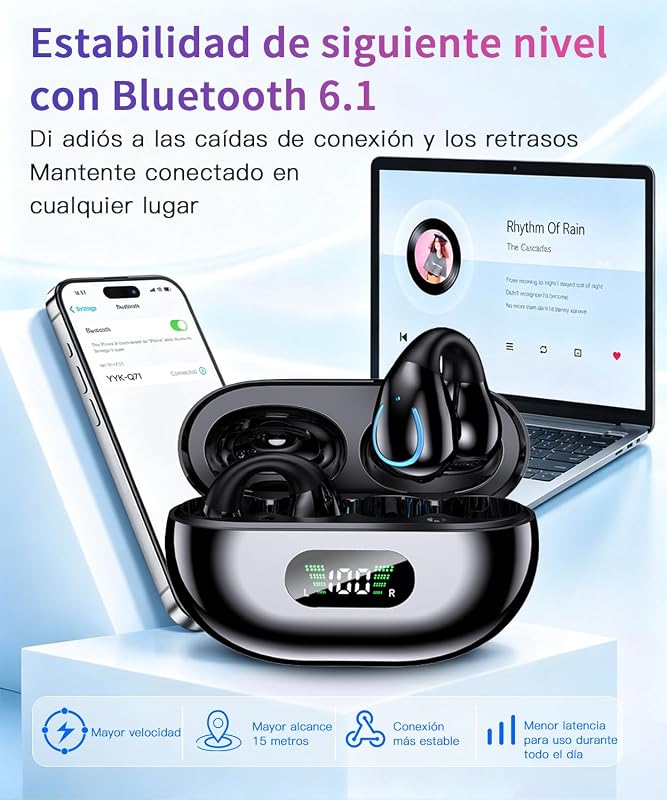 Auriculares Open Ear Bluetooth Deportivos, Clip Oreja, 80H, ENC, IPX7