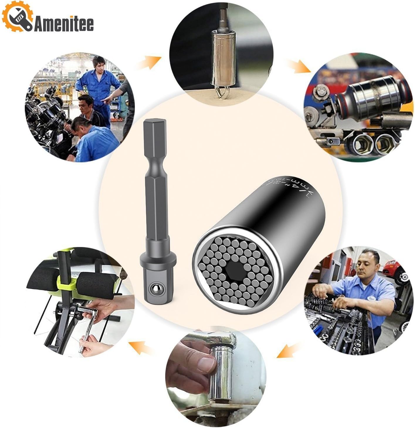Amenitee Universal Grip Socket, 2 in 1 Hand Tools Multi-Function Universal Sockets, 7mm-19mm Professional Wrench Power Drill Adapter Unique Repair Tools, Silver