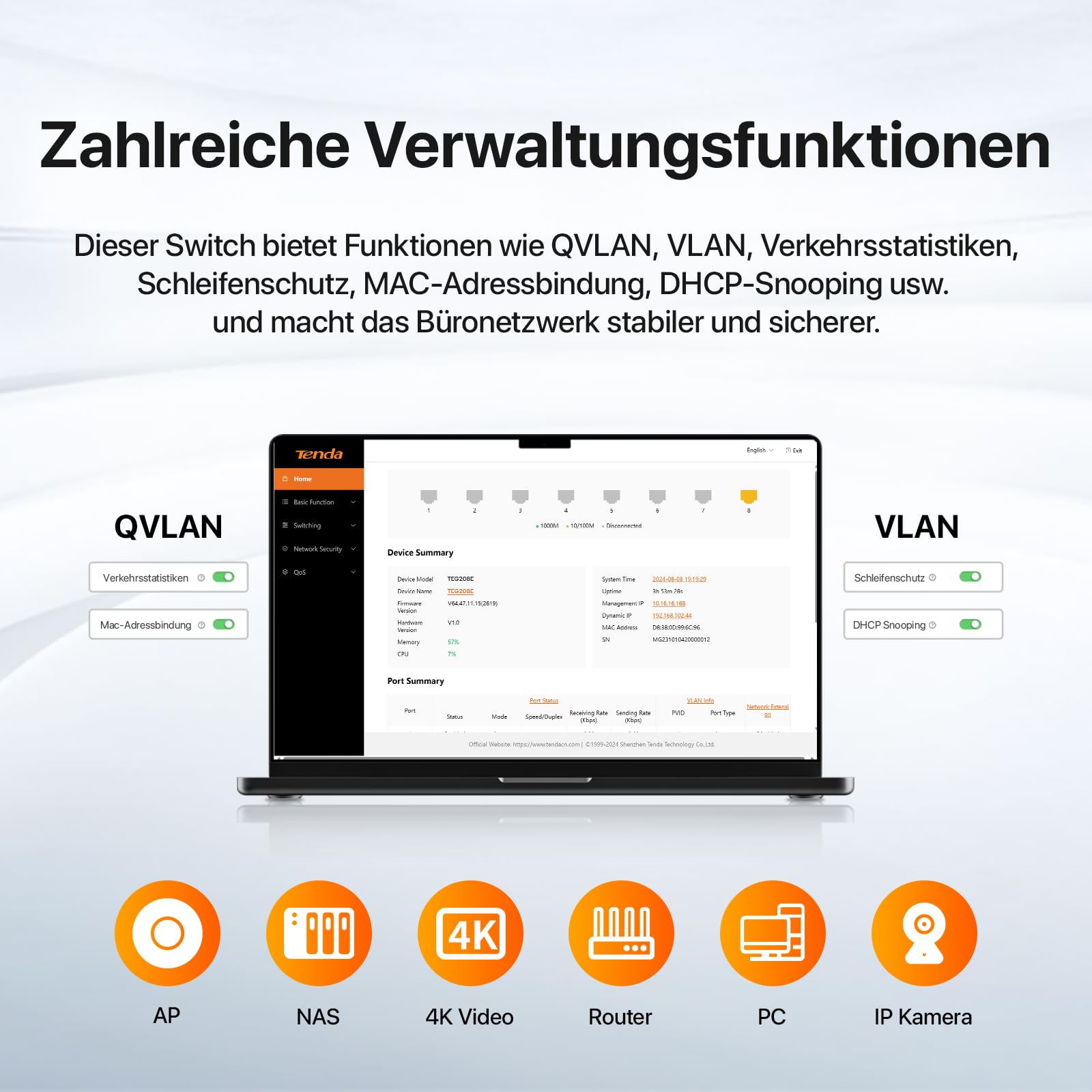 Tenda TEG208E Managed Switch 8 Port Gigabit LAN Switch (IGMP-Snooping, QoS, VLAN, DHCP- Snooping, LAG, MAC Address Binding, Lüfterlos, Energieeffizient, Metall) Netzwerk Switch LAN Verteiler 5