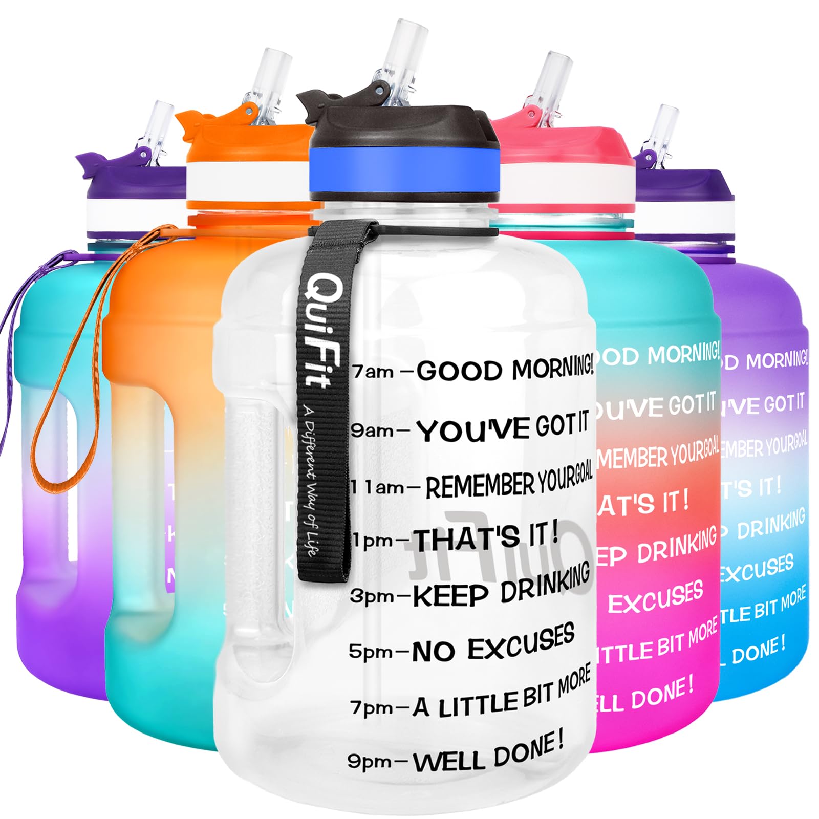 QuiFit 2.2 Litre Motivational Water Bottle - with Straw & Time Marker,Wide Mouth,BPA Free,Reusable,Ideal for Gym,Outdoor Sport,Home & Office(Clear)