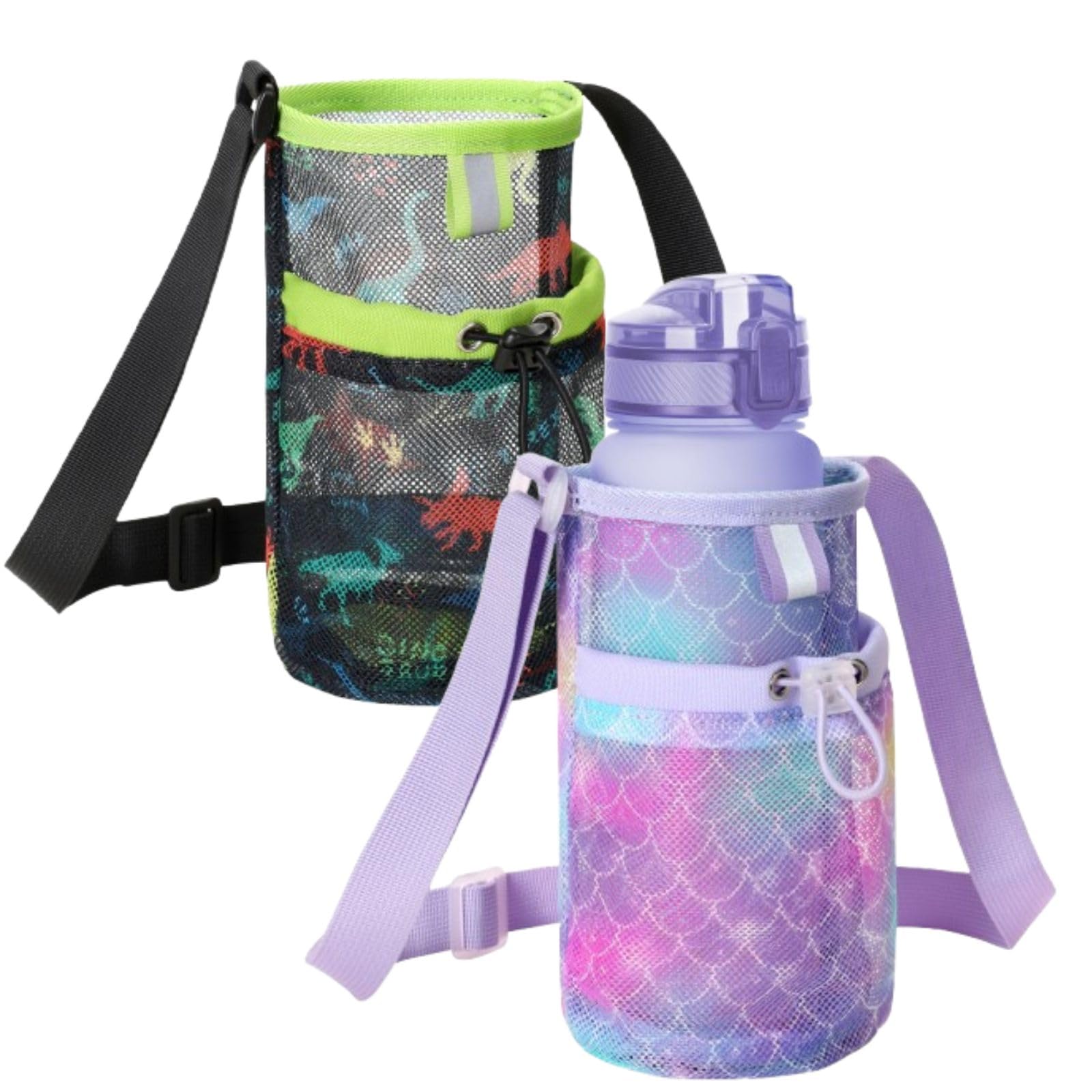 Photo 1 of BrainyBees 2 Pack Mesh Water Bottle Carrier for Boys and Girls - Kids Water Bottle Sling Bag, Walking Hiking Camping Trip Essetial, Black Dinosaur & Purple Mermaid Scale