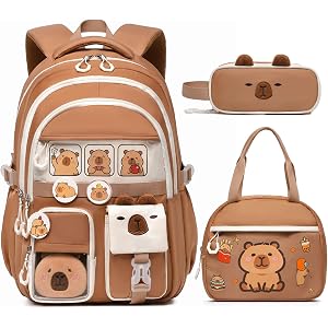 3PCS Capybara Backpack for Girls with Lunch Box Kapybara Bookbag (Khaki) | Kids Schoolbag with Lunch Bag & Pencil Pouch for K