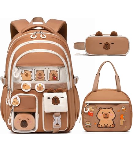 SJIE Waterproof Capybara Backpack，Large-capacity Kawaii capybara bag with 11-Piece Accessories (Badges, Pendants, Plush capybara, Stickers and others) : Clothing, Shoes & Jewelry