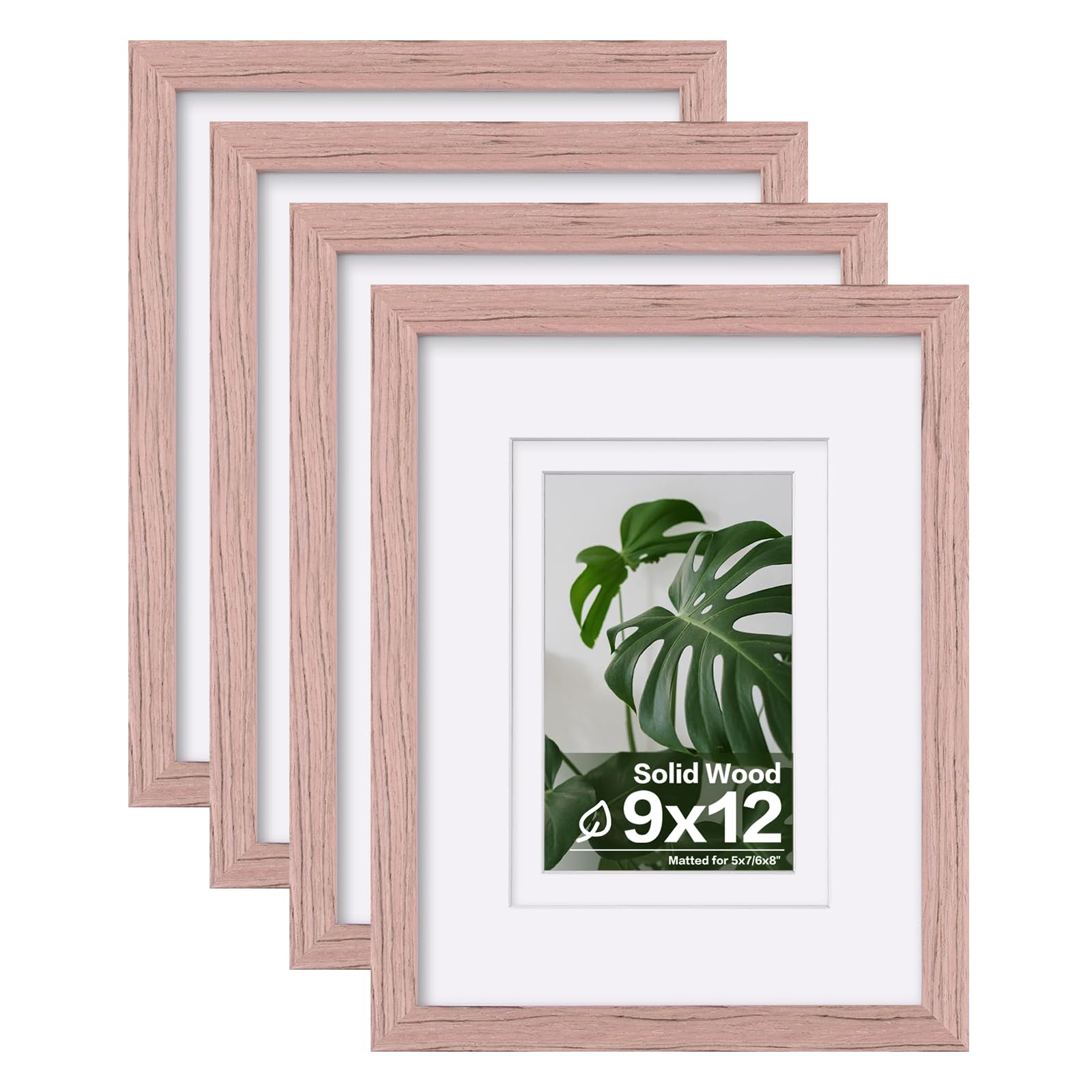 Egofine 9x12 Picture Frames Set of 4, Made of Solid Wood Covered by Plexiglass 5x7 and 6x8 with Mat or 9x12 without Mat, for Table Top Display and Wall Mounting Photo Frame Peach Pink Image