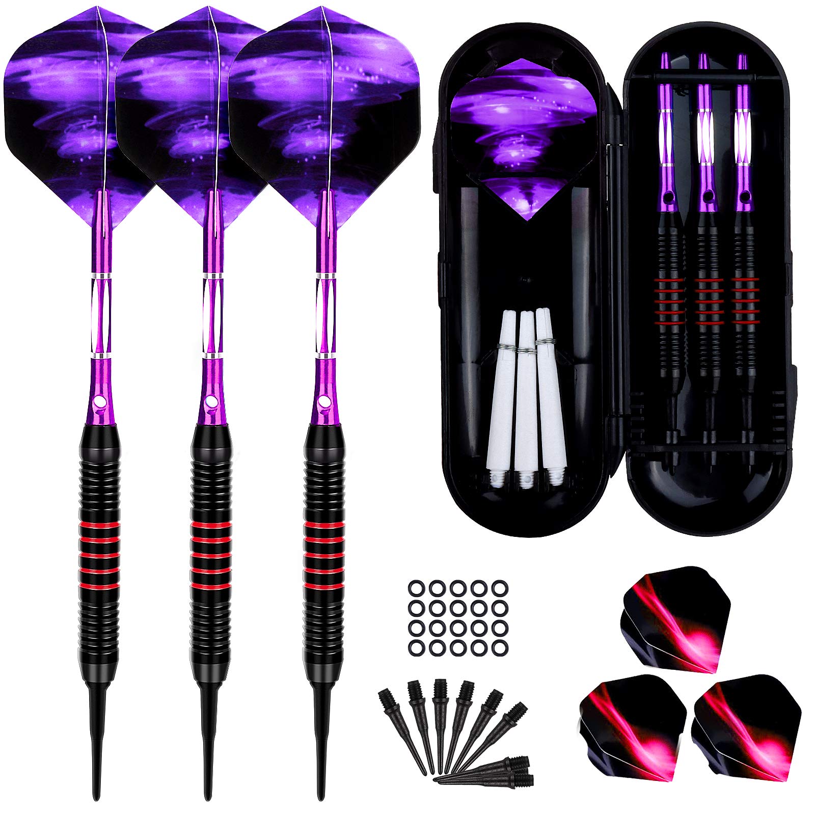 Darts with Plastic Tip for Electronic Dartboard, Set of 3, Soft Darts Set, 18 g Professional Soft Darts and Extra Shaft Flights, Dart Tips, Anti-Loose Rubber Rings (Purple)