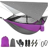 Camping Hammock with Mosquito Net & Rain Fly Tent Tarp & Tree Straps Portable Strong Nylon Hammock Parachute Tent w/Storage B