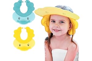 FUNUPUP Baby Shower Cap for Kids, 2 Pack Adjustable Toddler Hair Washing Shield Bathing Cap Baby Shower Visor Shampoo Cap (Duck, Yellow+Blue)