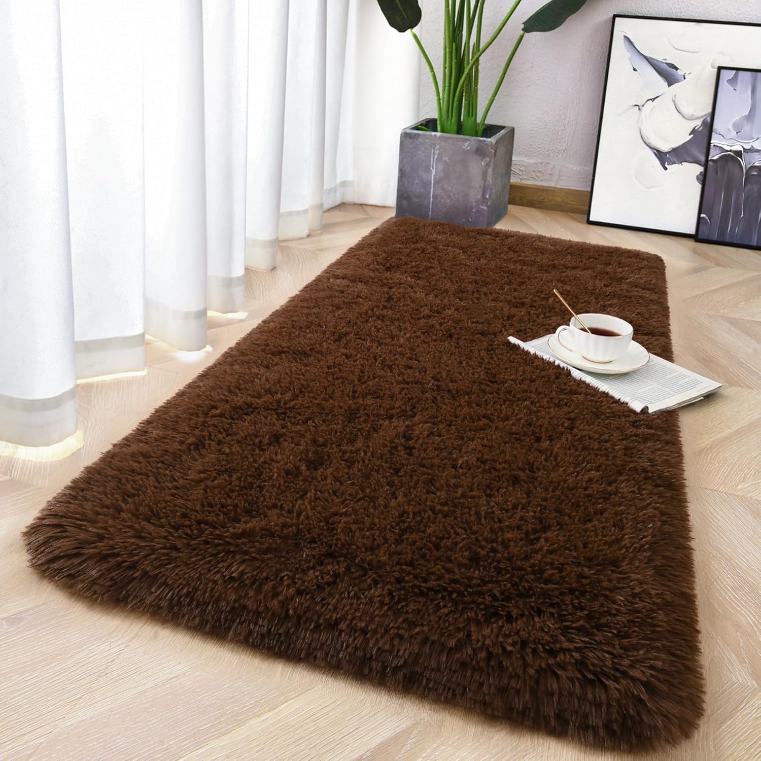 Aspire Homeware Rugs Living Room - Brown Area Rugs 60x110cm for Bedroom Anti Slip - Modern Super Soft Thick Pile Fluffy Shaggy Rug Non Shedding