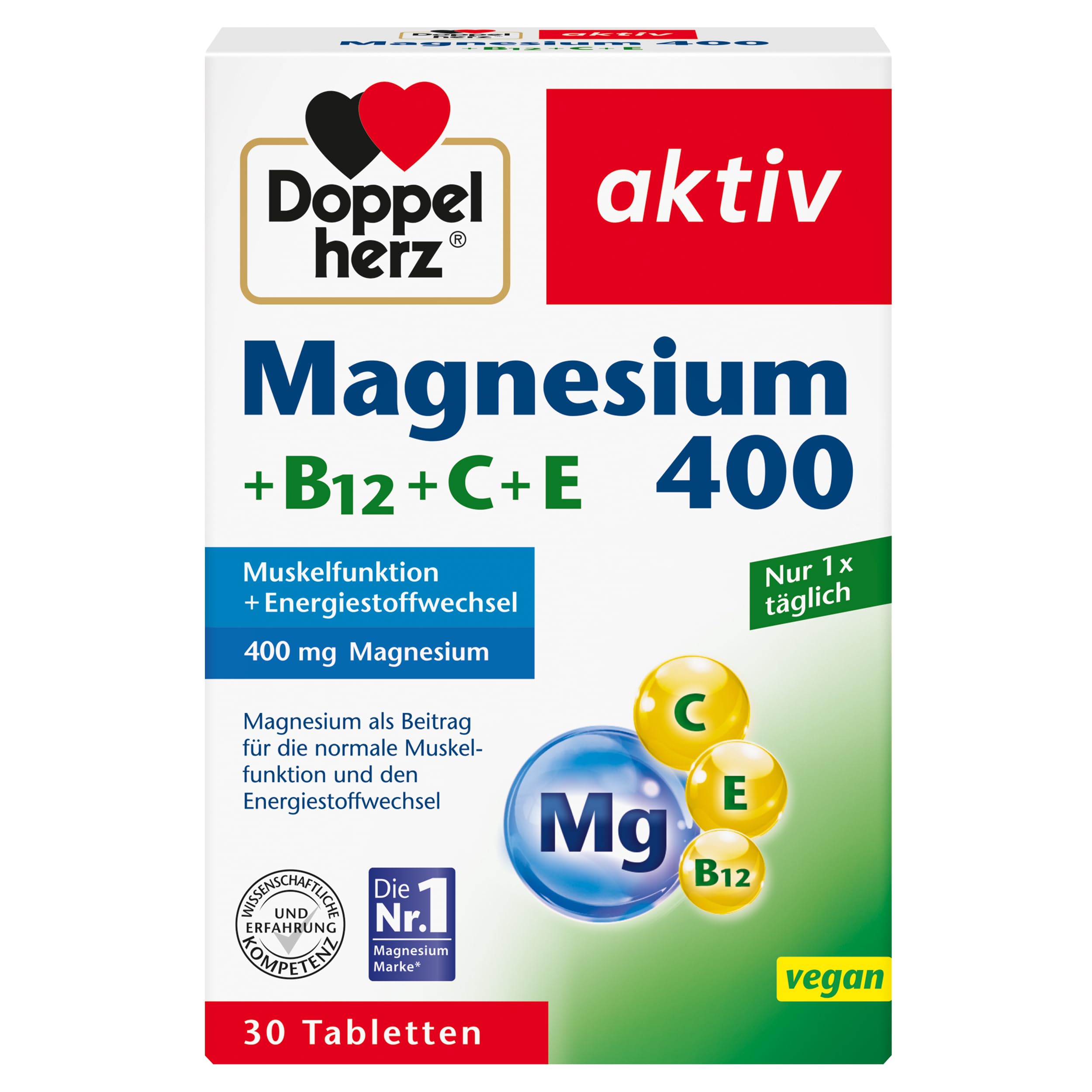 Doppelherz Magnesium 400 + B12 + C + E - Magnesium unterstützt die Muskeln und das Nervensystem - 30 vegane Tabletten