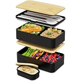 Umami Bento Box Adult, Stackable Lunch Box, 40 oz, Black&amp; Bamboo | BPA-free, leakproof &amp; microwave-safe with 4 compartments, utensils, chopsticks, divider &amp; sauce jar for men and women