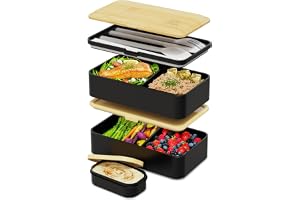 Umami Bento Box Adult, Stackable Lunch Box, 40 oz, Black& Bamboo | BPA-free, leakproof & microwave-safe with 4 compartments, 